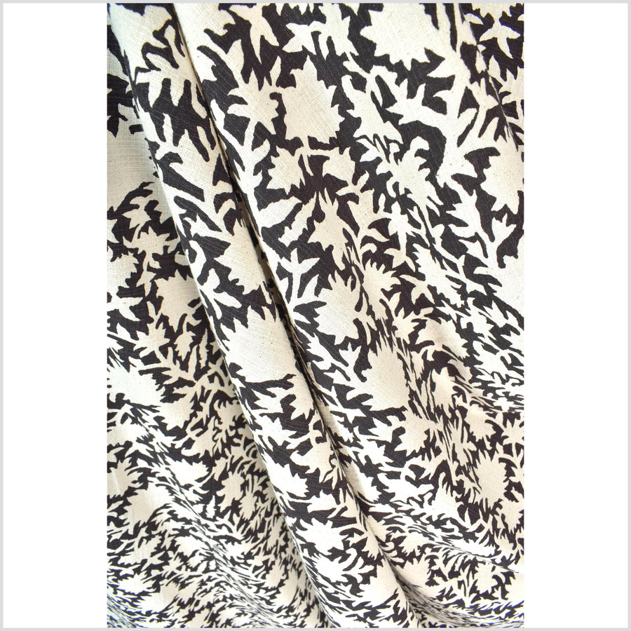 Big stylized flower organic print, unbleached natural textured cotton, charcoal black/off-white, 46