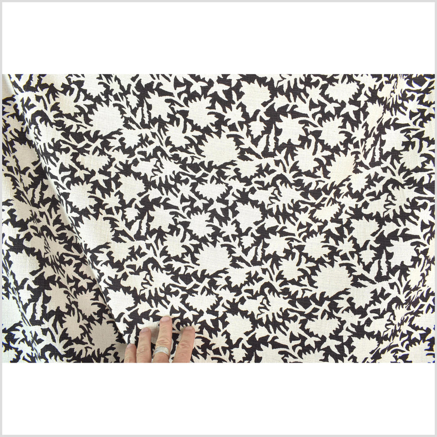 Big stylized flower organic print, unbleached natural textured cotton, charcoal black/off-white, 46