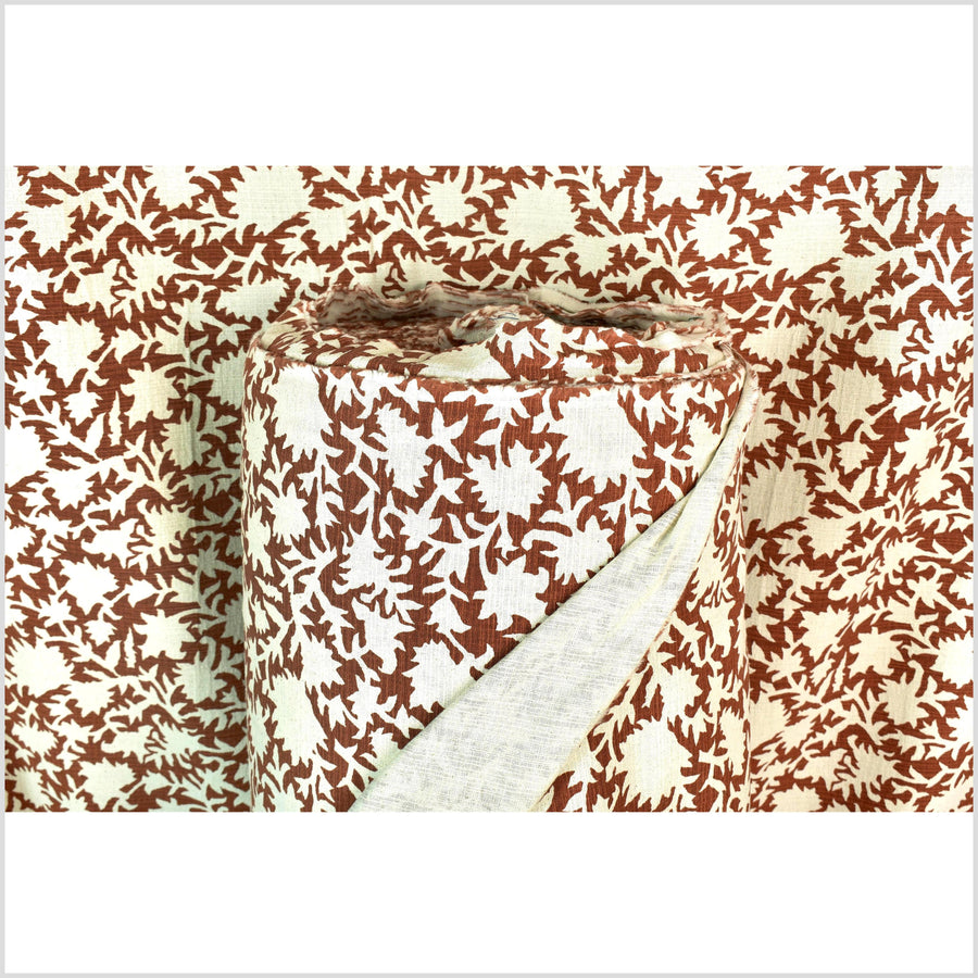 Big stylized flower organic print, unbleached natural textured cotton, oxblood chili oil/off-white, 46