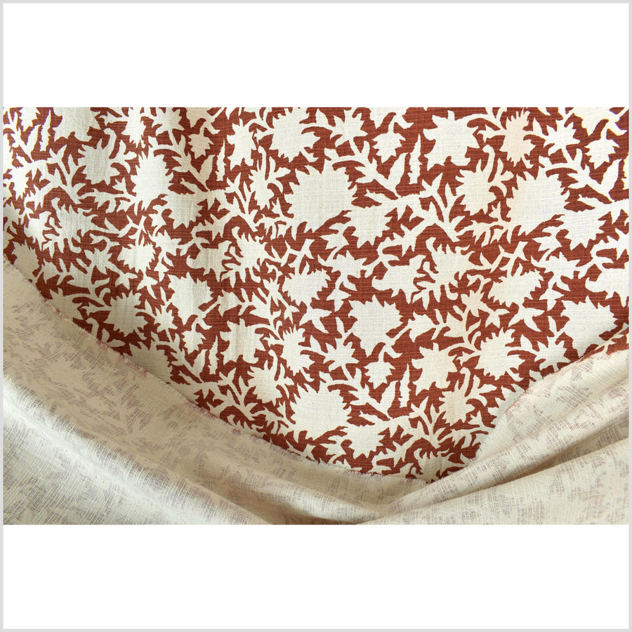 Big stylized flower organic print, unbleached natural textured cotton, oxblood chili oil/off-white, 46