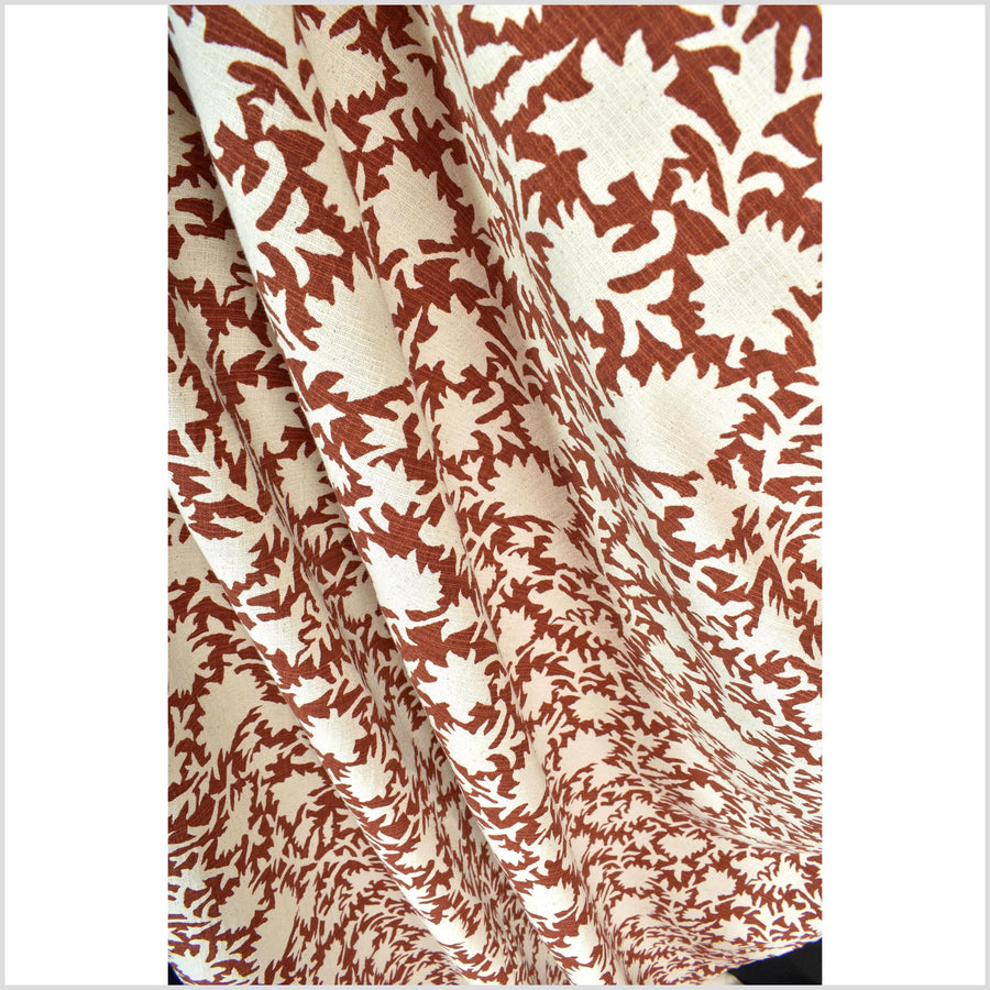 Big stylized flower organic print, unbleached natural textured cotton, oxblood chili oil/off-white, 46