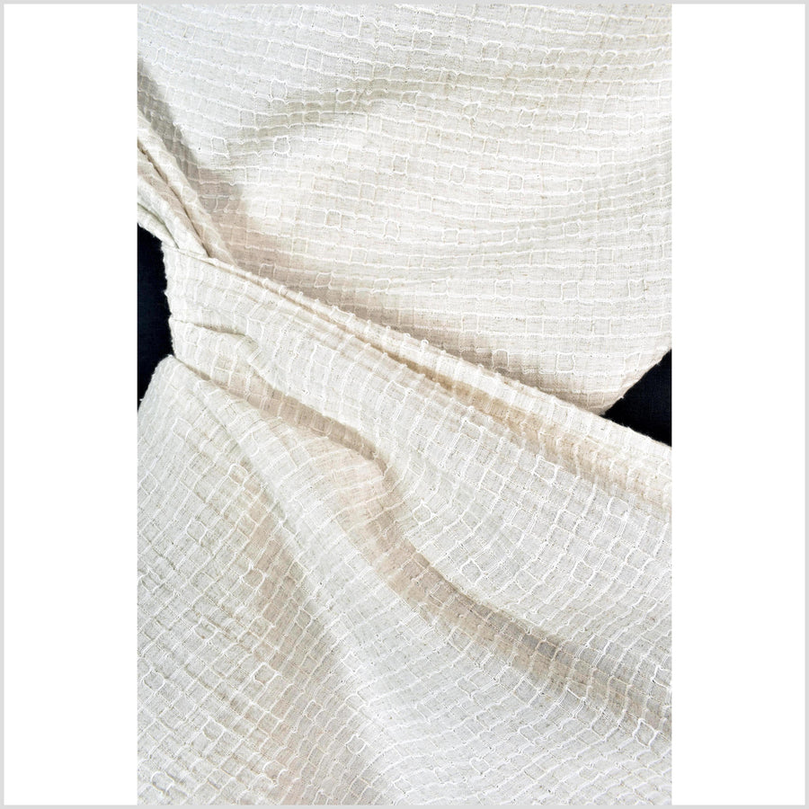 Neutral, off-white, big texture cotton linen fabric, embroidered square grid pattern, great hand feel, medium weight, Thai fabric PHA441