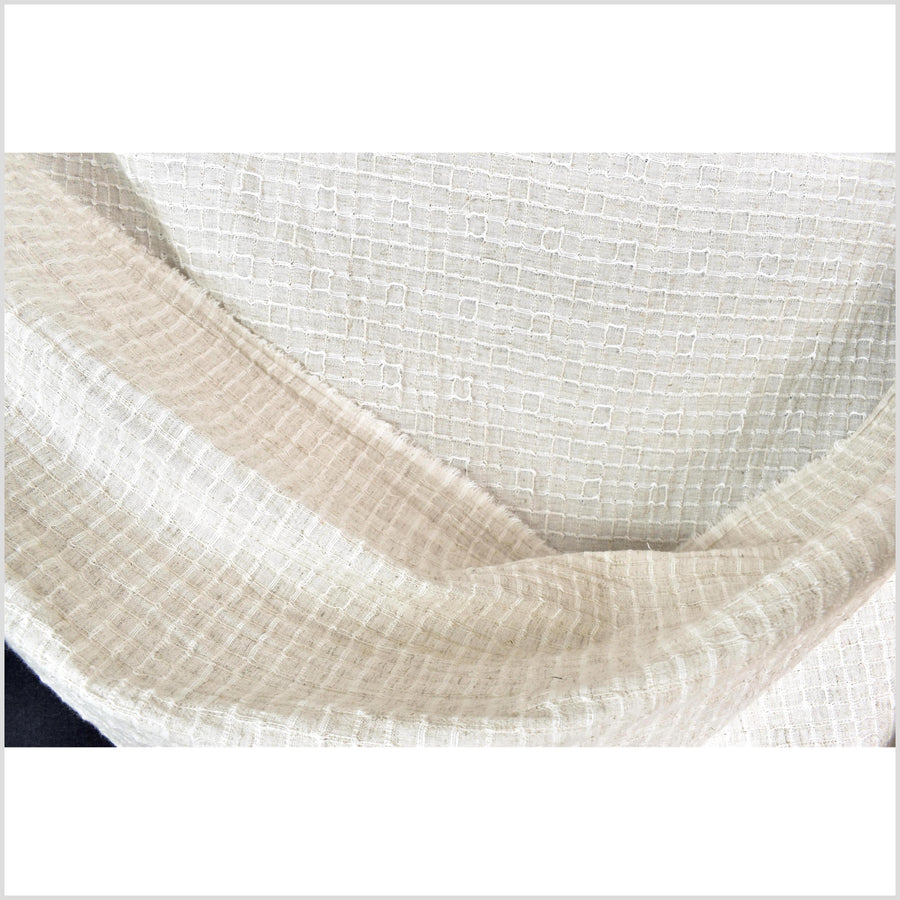 Neutral, off-white, big texture cotton linen fabric, embroidered square grid pattern, great hand feel, medium weight, Thai fabric PHA441