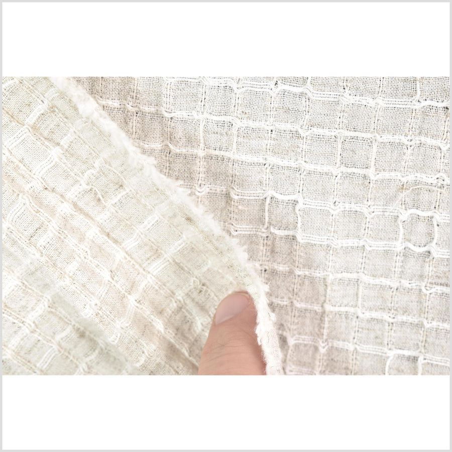 Neutral, off-white, big texture cotton linen fabric, embroidered square grid pattern, great hand feel, medium weight, Thai fabric PHA441