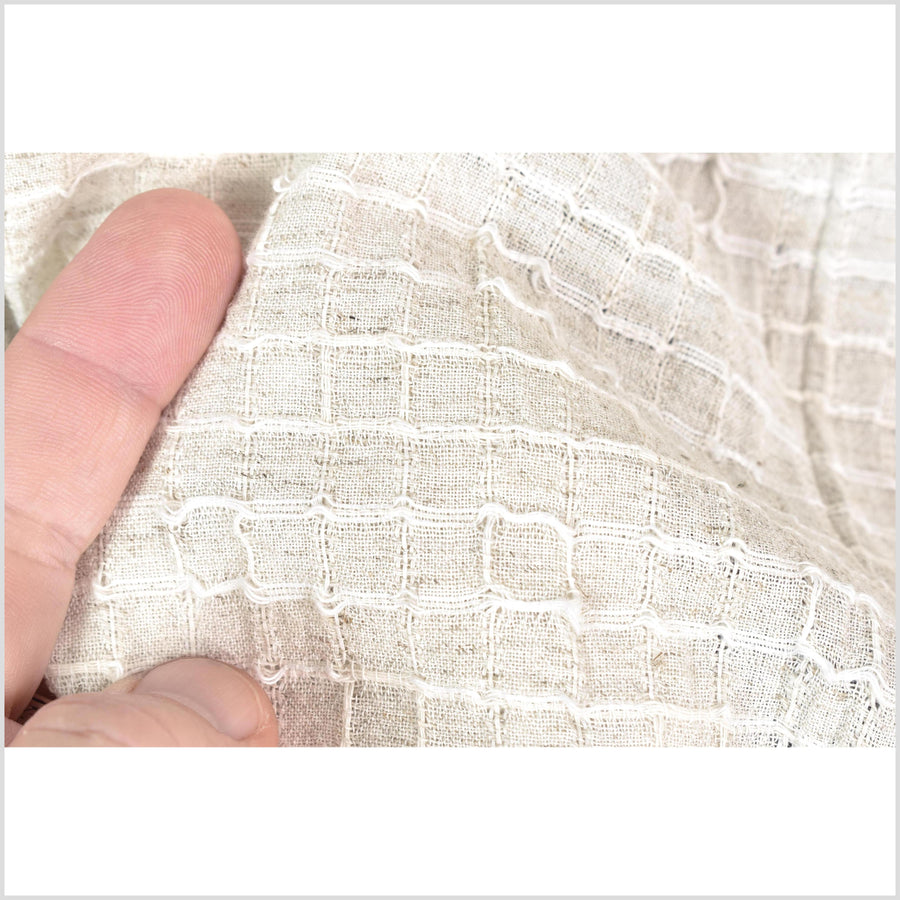 Neutral, off-white, big texture cotton linen fabric, embroidered square grid pattern, great hand feel, medium weight, Thai fabric PHA441
