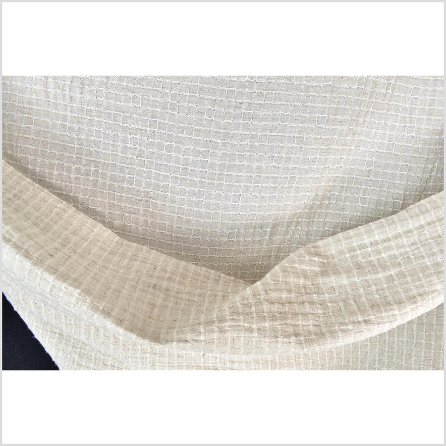 Neutral, off-white, big texture cotton linen fabric, embroidered square grid pattern, great hand feel, medium weight, Thai fabric PHA441