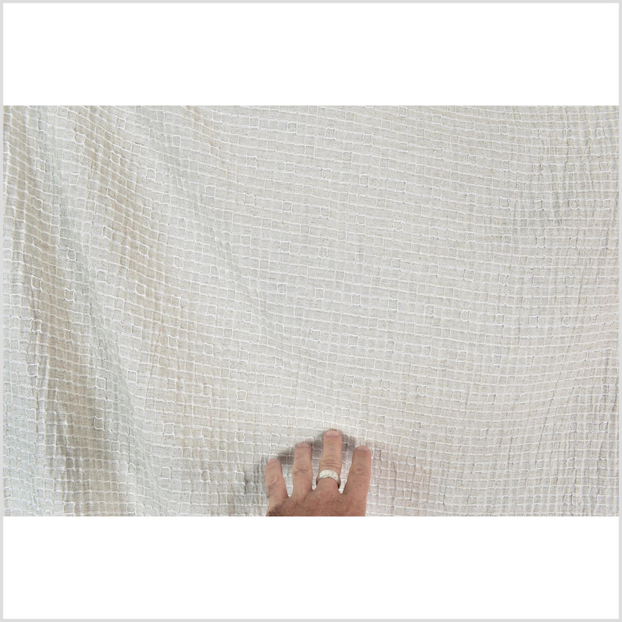 Neutral, off-white, big texture cotton linen fabric, embroidered square grid pattern, great hand feel, medium weight, Thai fabric PHA441