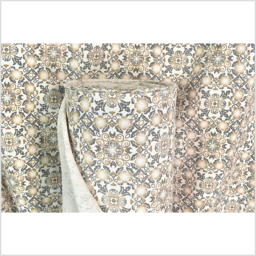 Stylized flower organic print, unbleached natural textured cotton, slate gray yellow ocher, off-white, 46