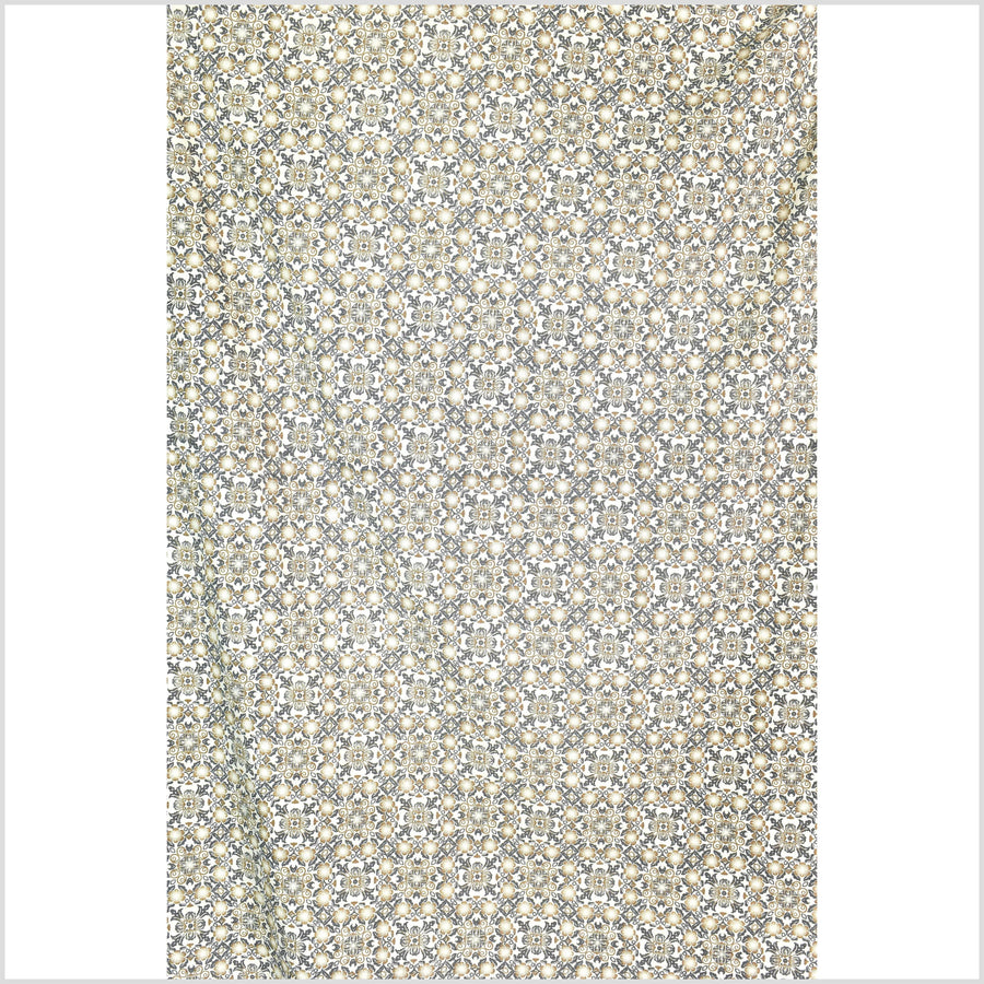 Stylized flower organic print, unbleached natural textured cotton, slate gray yellow ocher, off-white, 46