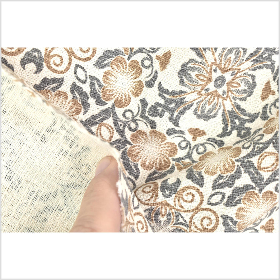 Stylized flower organic print, unbleached natural textured cotton, slate gray yellow ocher, off-white, 46
