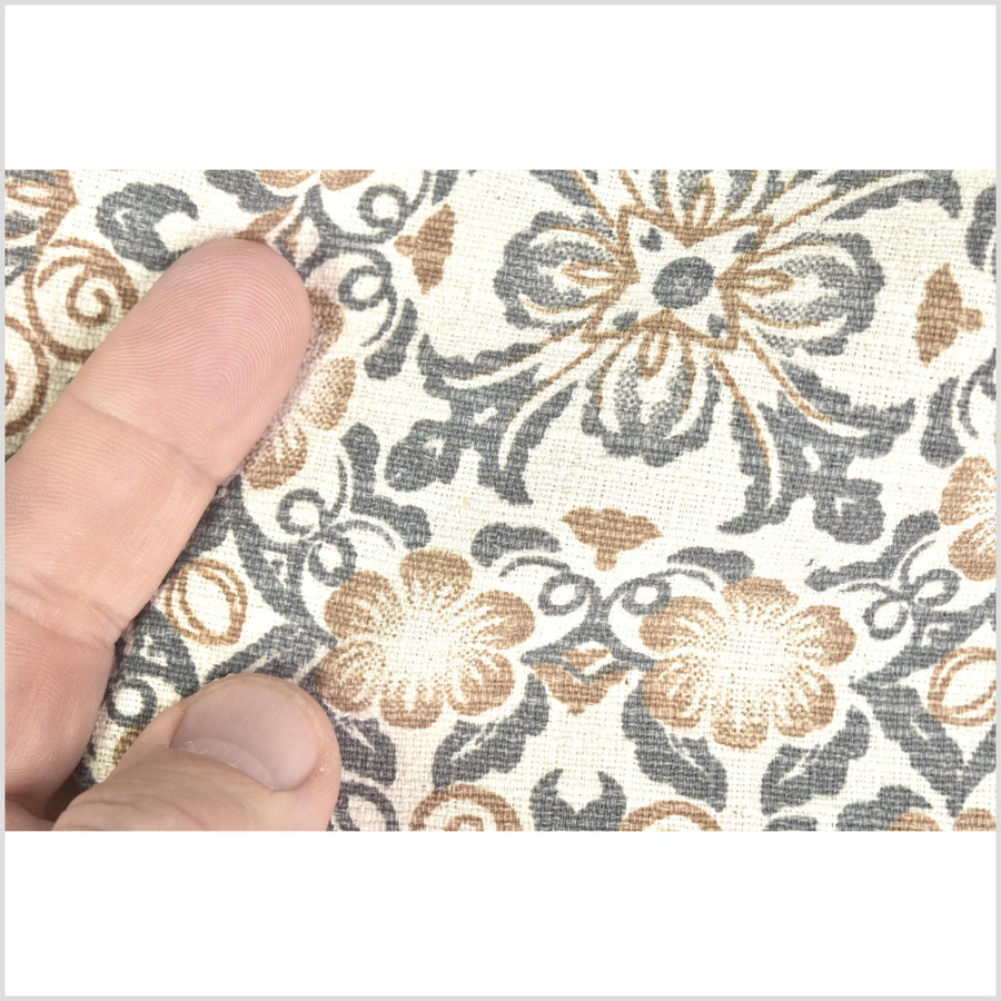 Stylized flower organic print, unbleached natural textured cotton, slate gray yellow ocher, off-white, 46