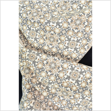 Stylized flower organic print, unbleached natural textured cotton, slate gray yellow ocher, off-white, 46