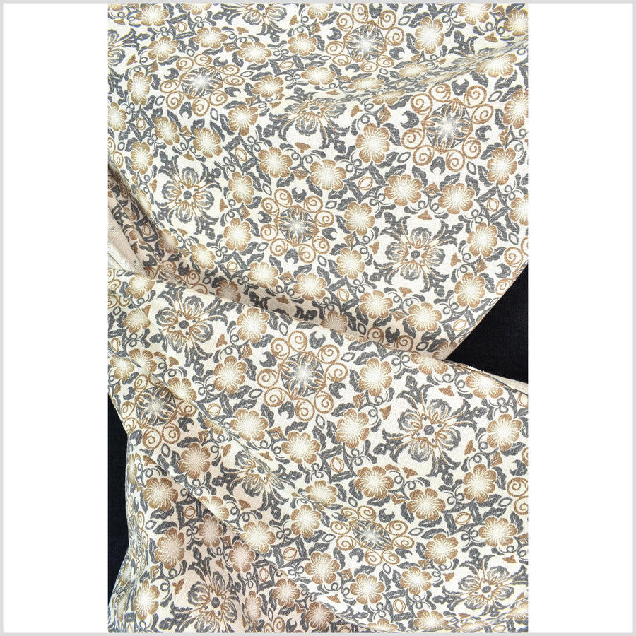 Stylized flower organic print, unbleached natural textured cotton, slate gray yellow ocher, off-white, 46