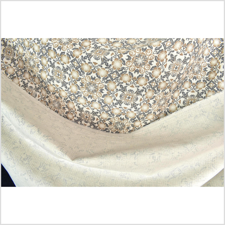 Stylized flower organic print, unbleached natural textured cotton, slate gray yellow ocher, off-white, 46