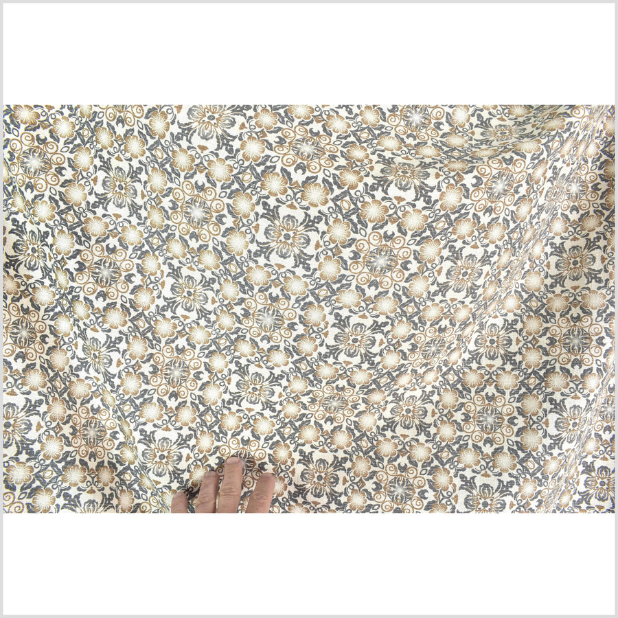 Stylized flower organic print, unbleached natural textured cotton, slate gray yellow ocher, off-white, 46