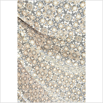 Stylized flower organic print, unbleached natural textured cotton, slate gray yellow ocher, off-white, 46