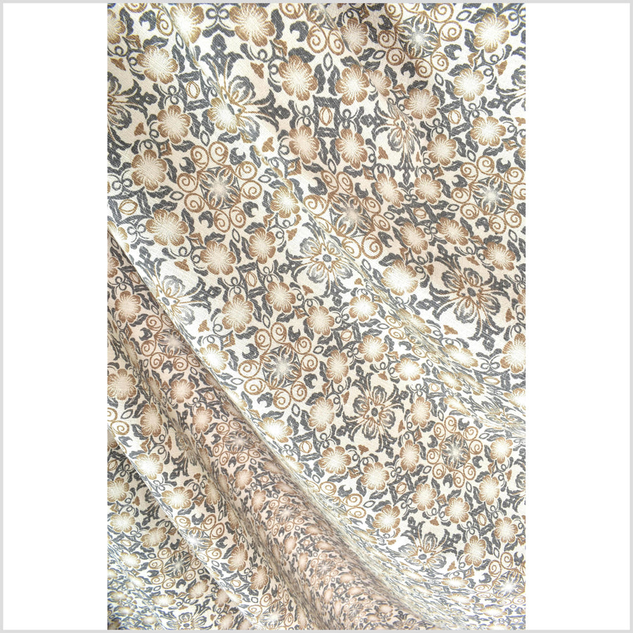 Stylized flower organic print, unbleached natural textured cotton, slate gray yellow ocher, off-white, 46