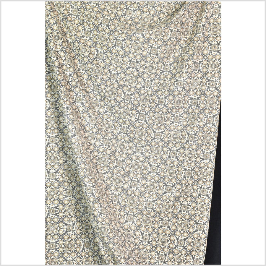 Stylized flower organic print, unbleached natural textured cotton, slate gray yellow ocher, off-white, 46