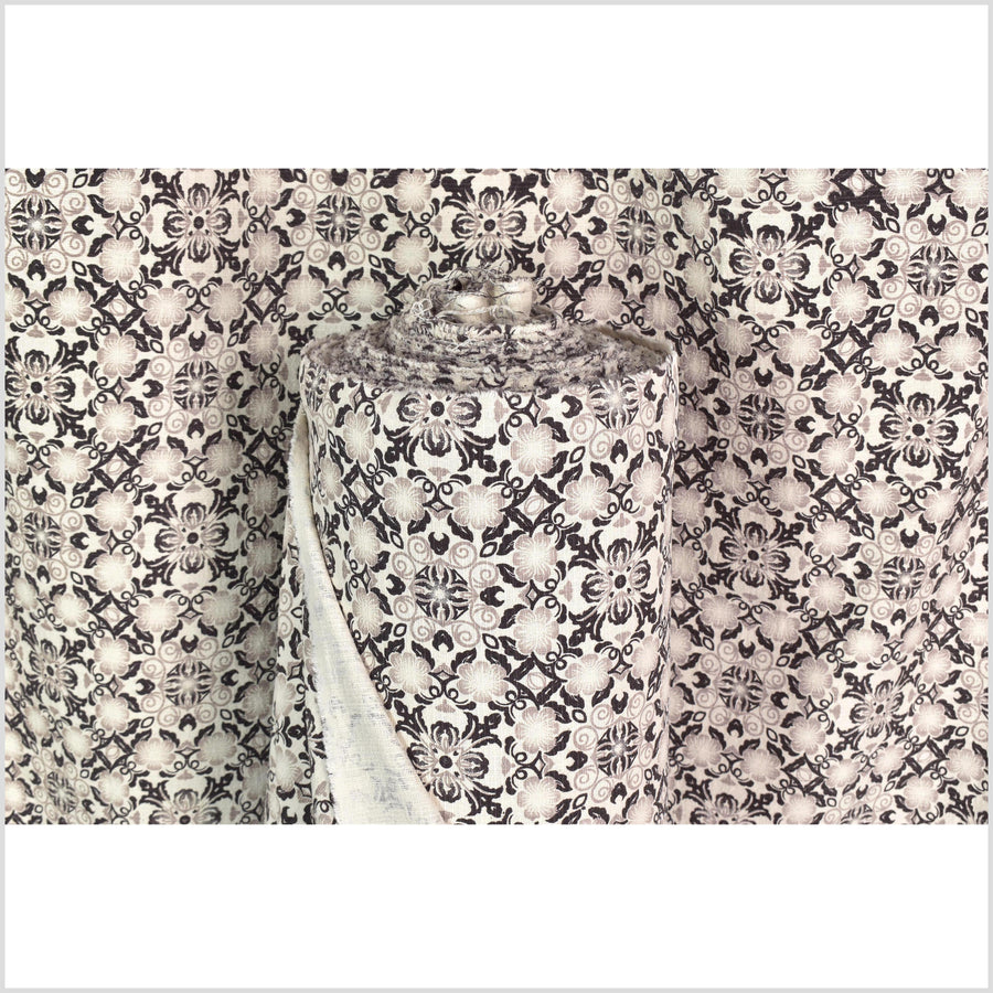 Stylized flower organic print, unbleached natural textured cotton, black ink sandstone gray off-white, 46