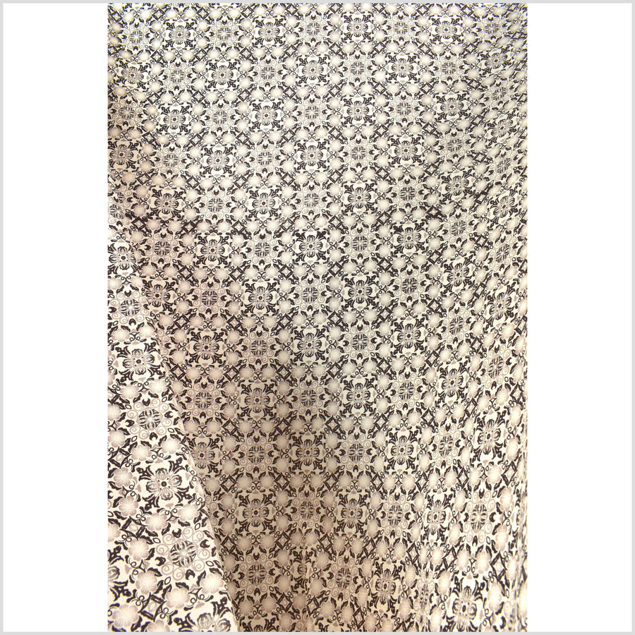 Stylized flower organic print, unbleached natural textured cotton, black ink sandstone gray off-white, 46