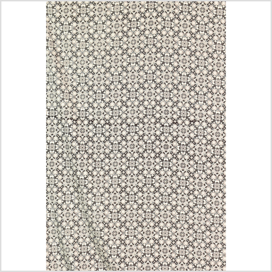 Stylized flower organic print, unbleached natural textured cotton, black ink sandstone gray off-white, 46