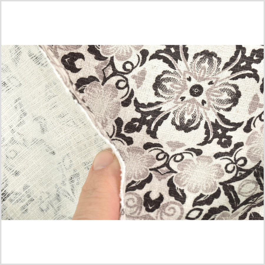 Stylized flower organic print, unbleached natural textured cotton, black ink sandstone gray off-white, 46