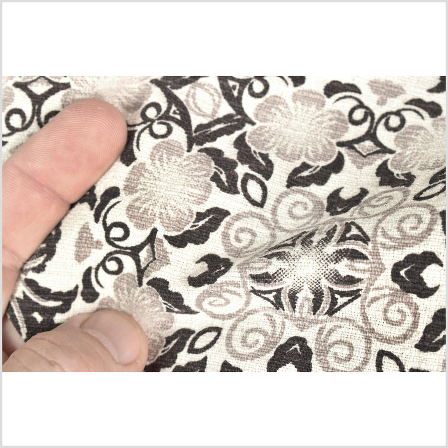 Stylized flower organic print, unbleached natural textured cotton, black ink sandstone gray off-white, 46
