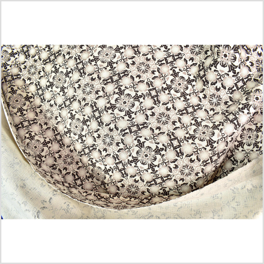 Stylized flower organic print, unbleached natural textured cotton, black ink sandstone gray off-white, 46