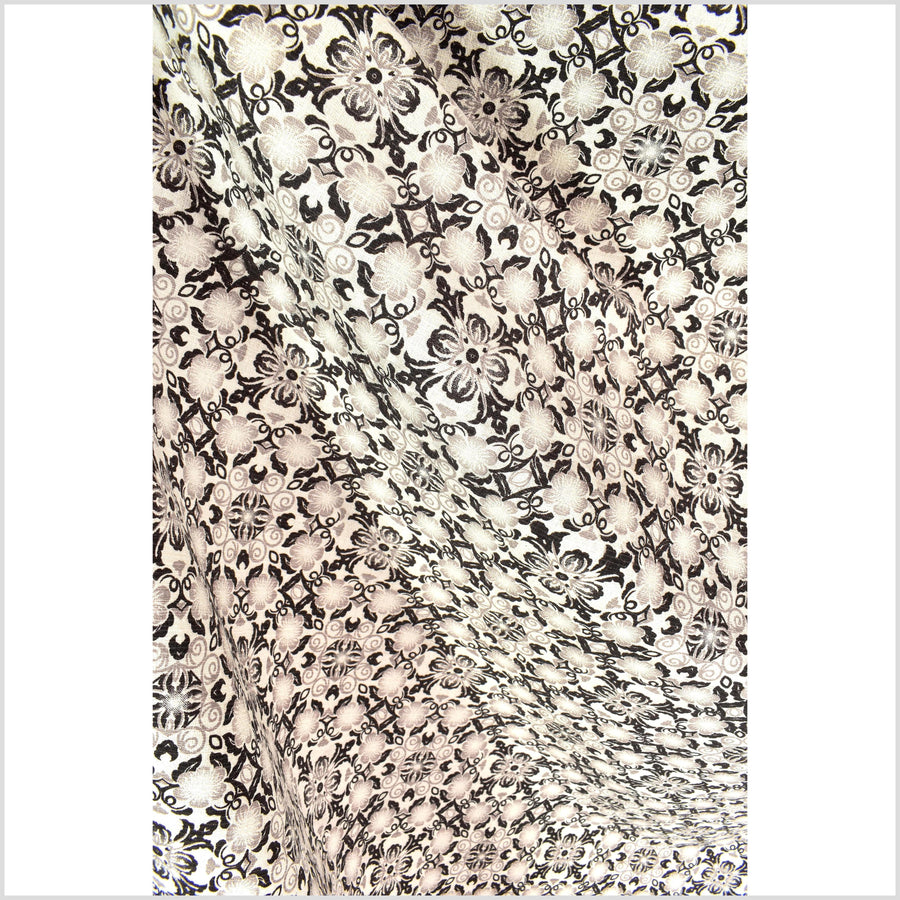 Stylized flower organic print, unbleached natural textured cotton, black ink sandstone gray off-white, 46