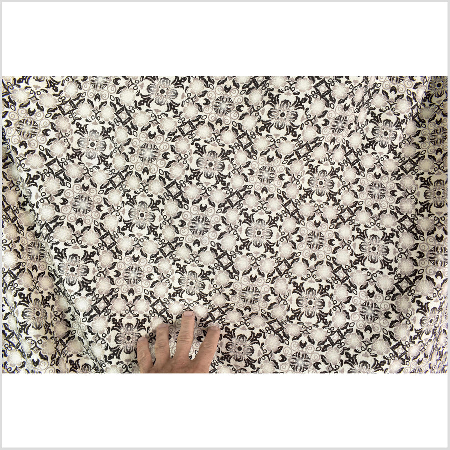 Stylized flower organic print, unbleached natural textured cotton, black ink sandstone gray off-white, 46