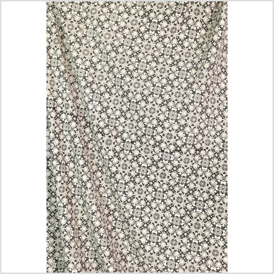 Stylized flower organic print, unbleached natural textured cotton, black ink sandstone gray off-white, 46