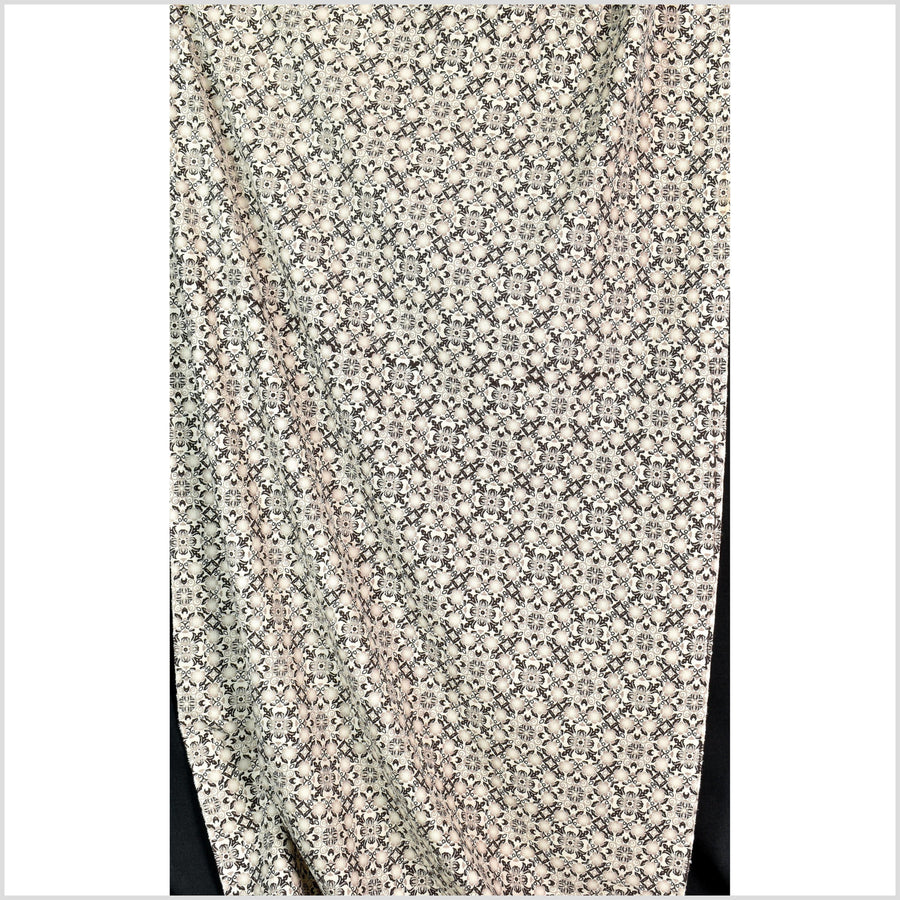 Stylized flower organic print, unbleached natural textured cotton, black ink sandstone gray off-white, 46