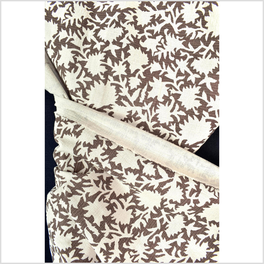 Big stylized flower organic print, unbleached natural textured cotton, chalky choco brown, off-white, 46