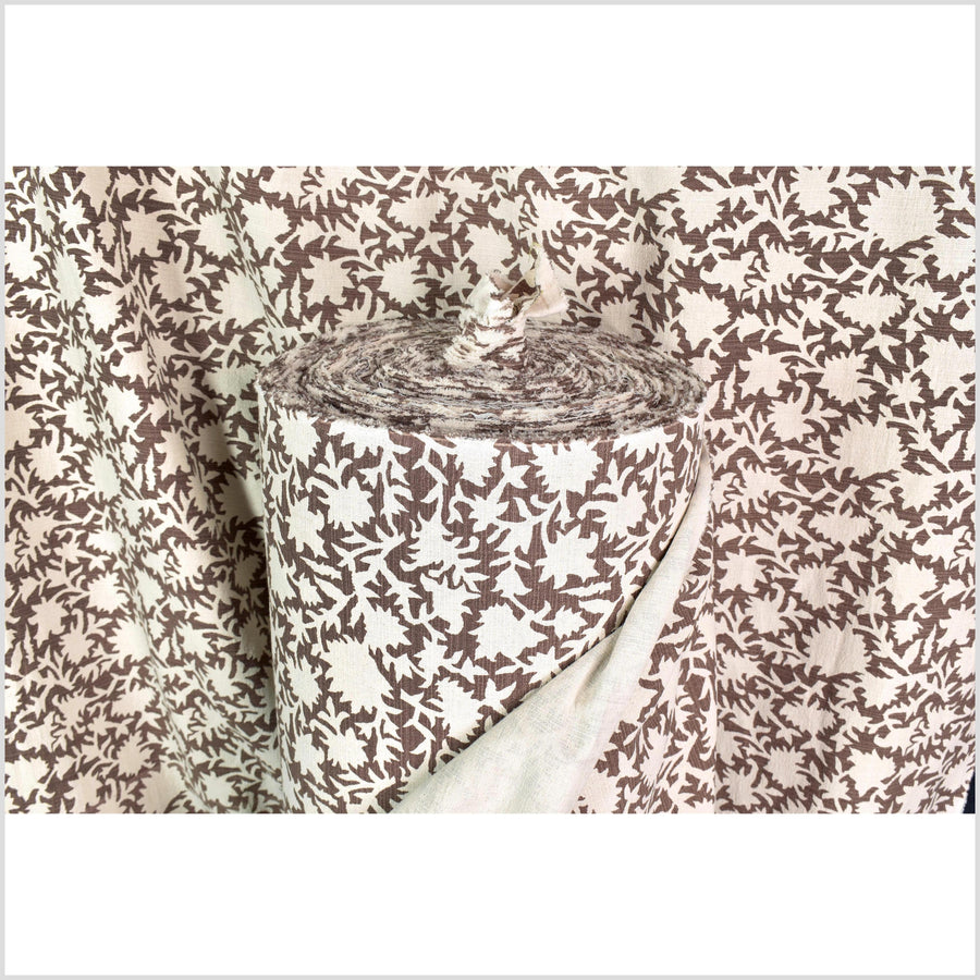 Big stylized flower organic print, unbleached natural textured cotton, chalky choco brown, off-white, 46
