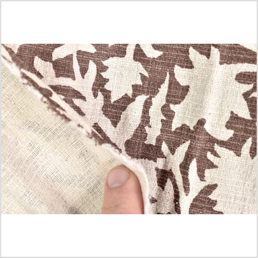 Big stylized flower organic print, unbleached natural textured cotton, chalky choco brown, off-white, 46