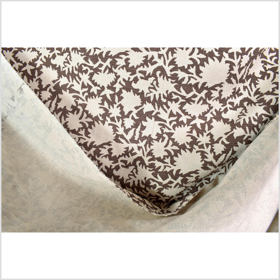 Big stylized flower organic print, unbleached natural textured cotton, chalky choco brown, off-white, 46