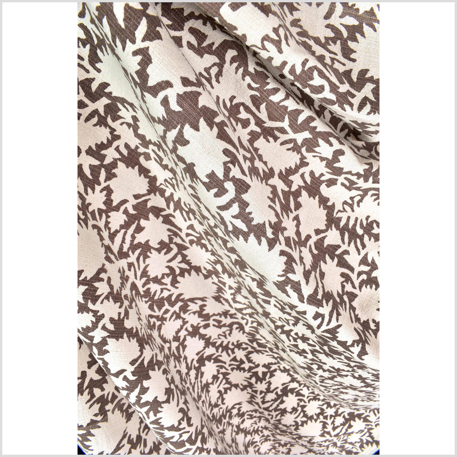 Big stylized flower organic print, unbleached natural textured cotton, chalky choco brown, off-white, 46