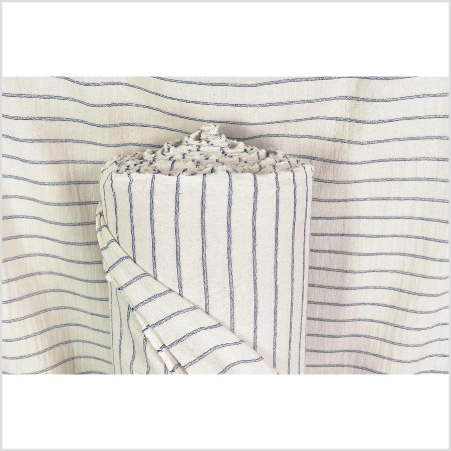 Unbleached 100% cotton fabric off-white, cream color with horizontal woven blue stripes sold by the yard PHA4