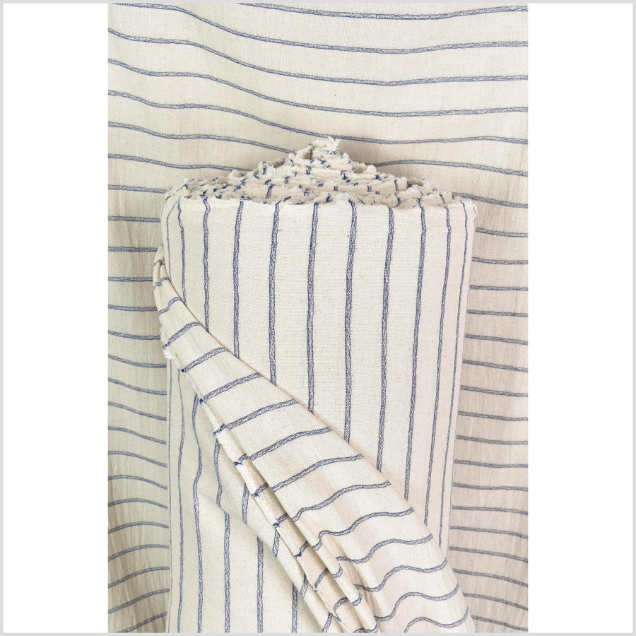 Unbleached 100% cotton fabric off-white, cream color with horizontal woven blue stripes sold by the yard PHA4