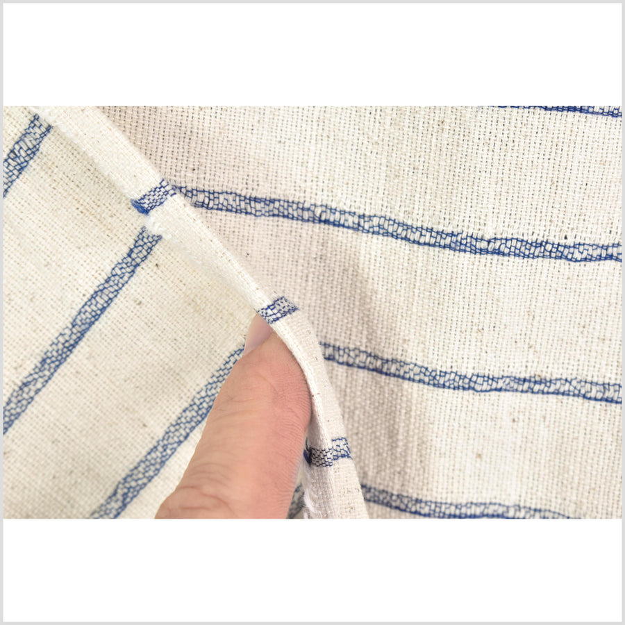Unbleached 100% cotton fabric off-white, cream color with horizontal woven blue stripes sold by the yard PHA4