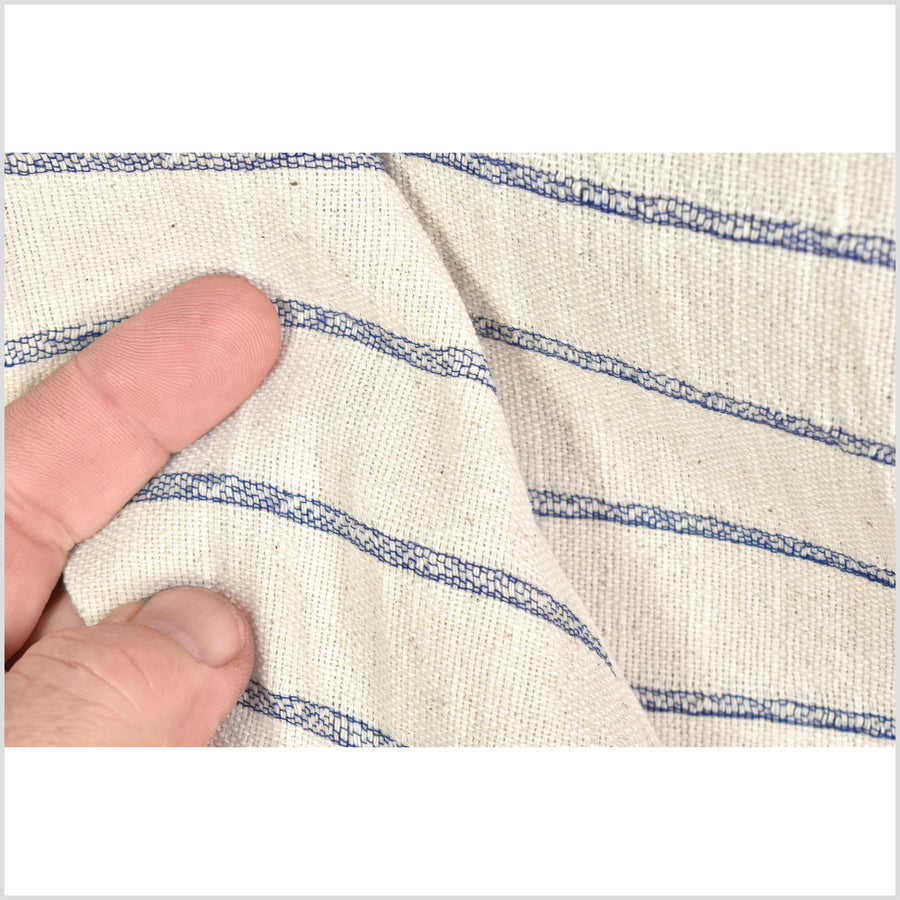Unbleached 100% cotton fabric off-white, cream color with horizontal woven blue stripes sold by the yard PHA4