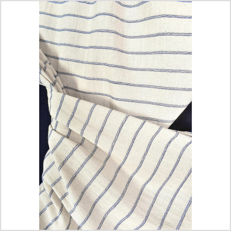 Unbleached 100% cotton fabric off-white, cream color with horizontal woven blue stripes sold by the yard PHA4