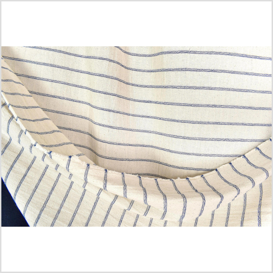 Unbleached 100% cotton fabric off-white, cream color with horizontal woven blue stripes sold by the yard PHA4