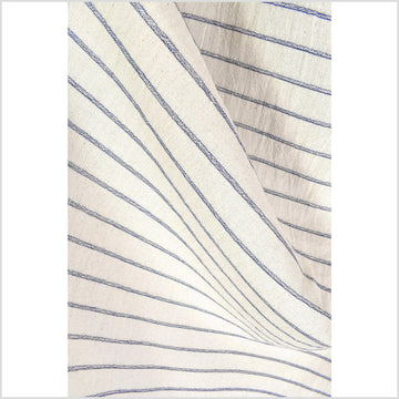 Unbleached 100% cotton fabric off-white, cream color with horizontal woven blue stripes sold by the yard PHA4