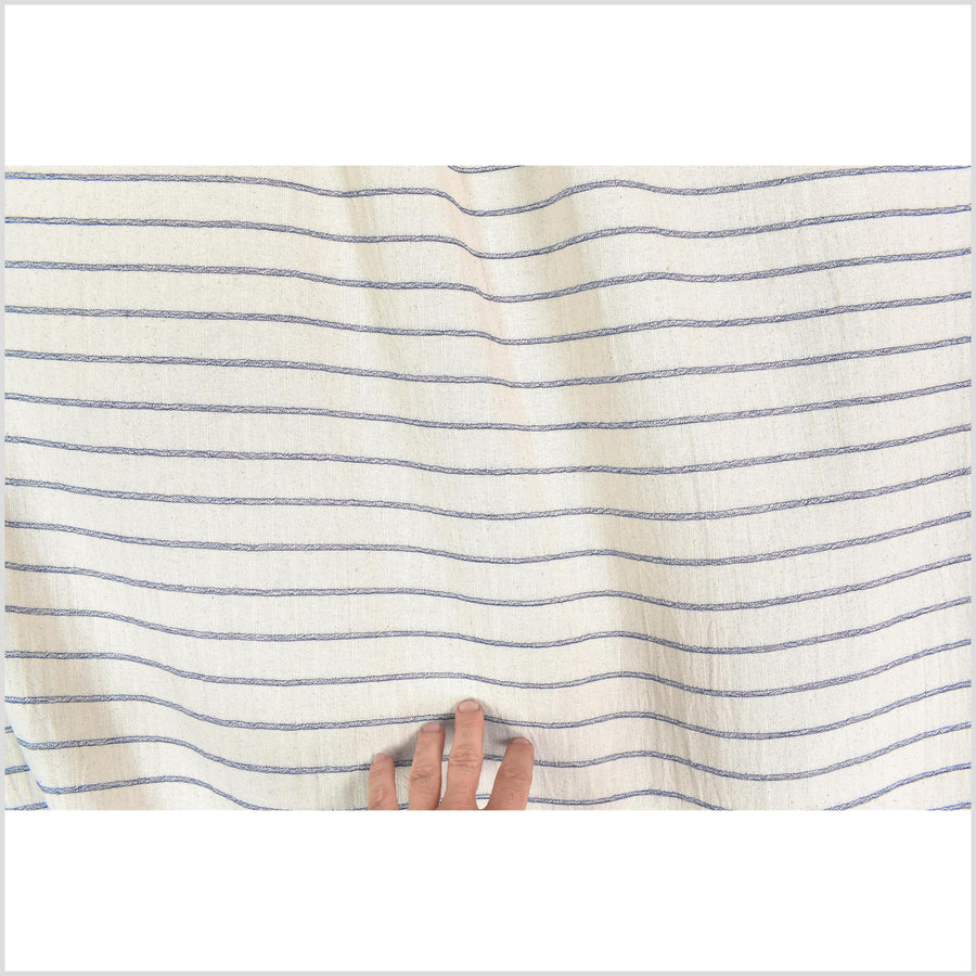 Unbleached 100% cotton fabric off-white, cream color with horizontal woven blue stripes sold by the yard PHA4