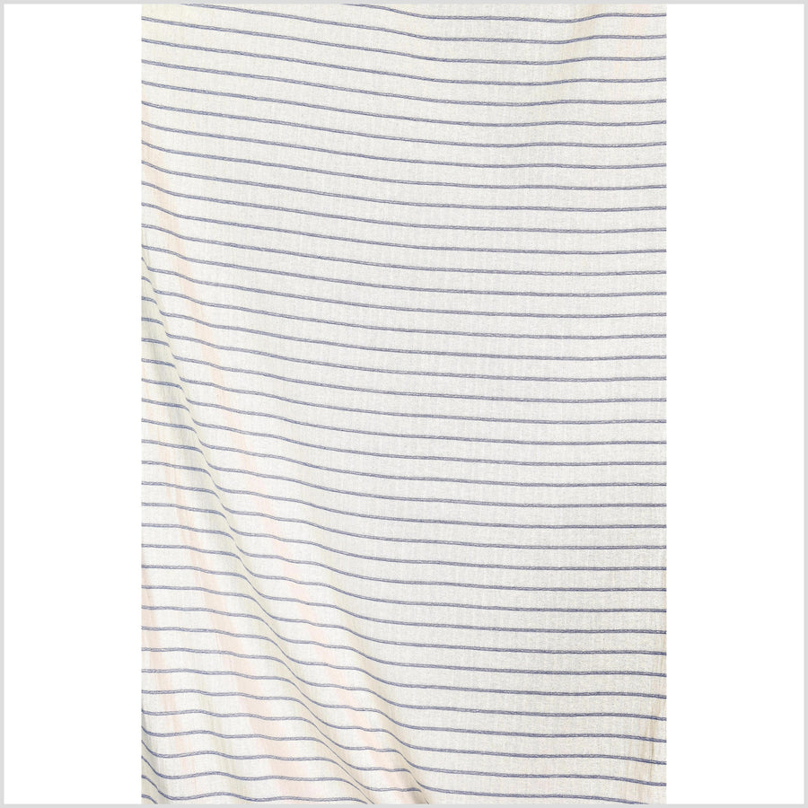 Unbleached 100% cotton fabric off-white, cream color with horizontal woven blue stripes sold by the yard PHA4