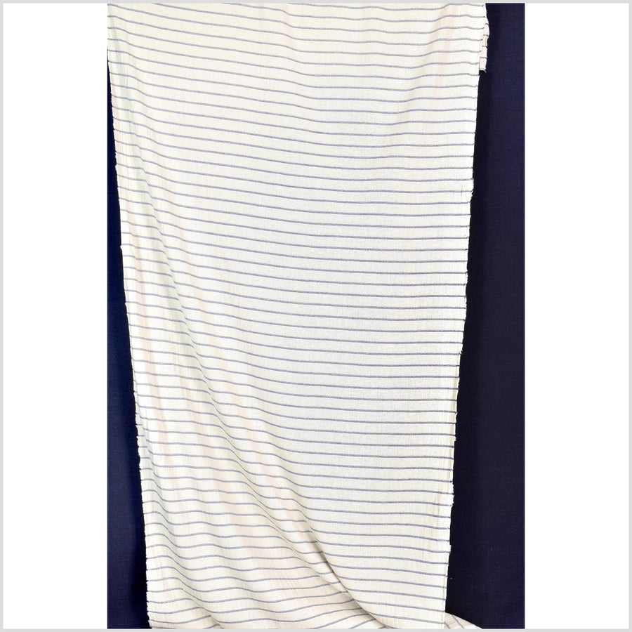 Unbleached 100% cotton fabric off-white, cream color with horizontal woven blue stripes sold by the yard PHA4