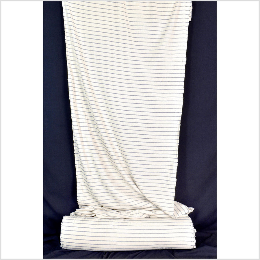 Unbleached 100% cotton fabric off-white, cream color with horizontal woven blue stripes sold by the yard PHA4