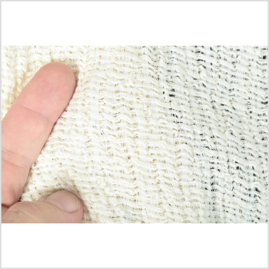 Kinky unbleached stretch cotton, loose weave crochet effect, neutral off-white fabric, sold by the yard, PHA52