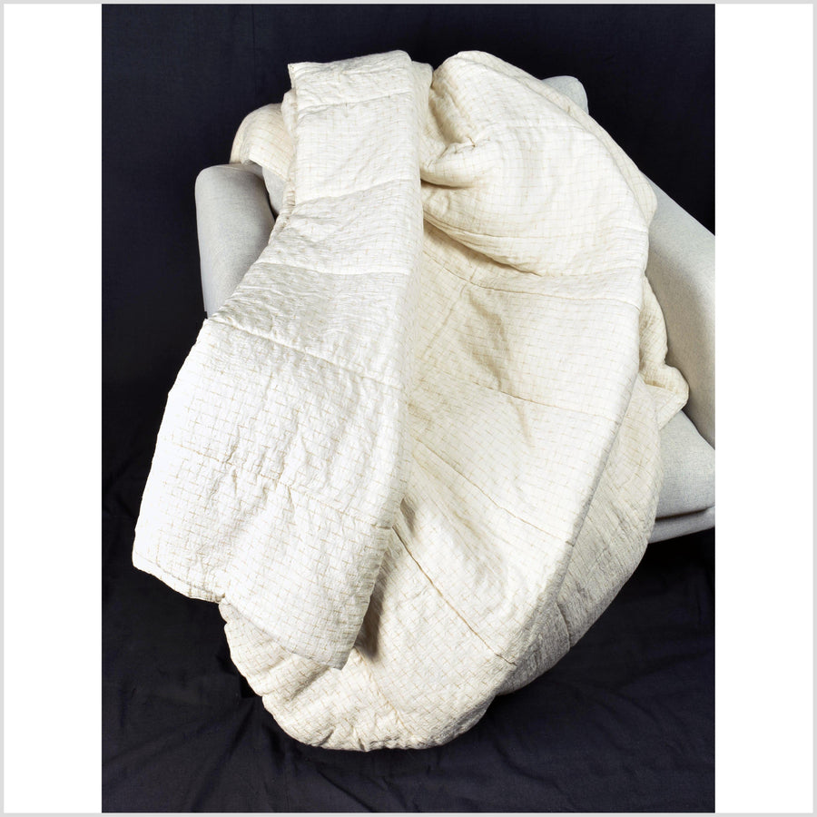 Handmade quilt, natural cream & beige cross pattern, 100% cotton & linen bed throw, medium weight, all natural fabric, pure cotton batting QLT1